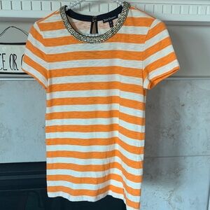 Juicy Couture Rhinestone Neckline Striped Orange/White Short Sleeve Top XS
